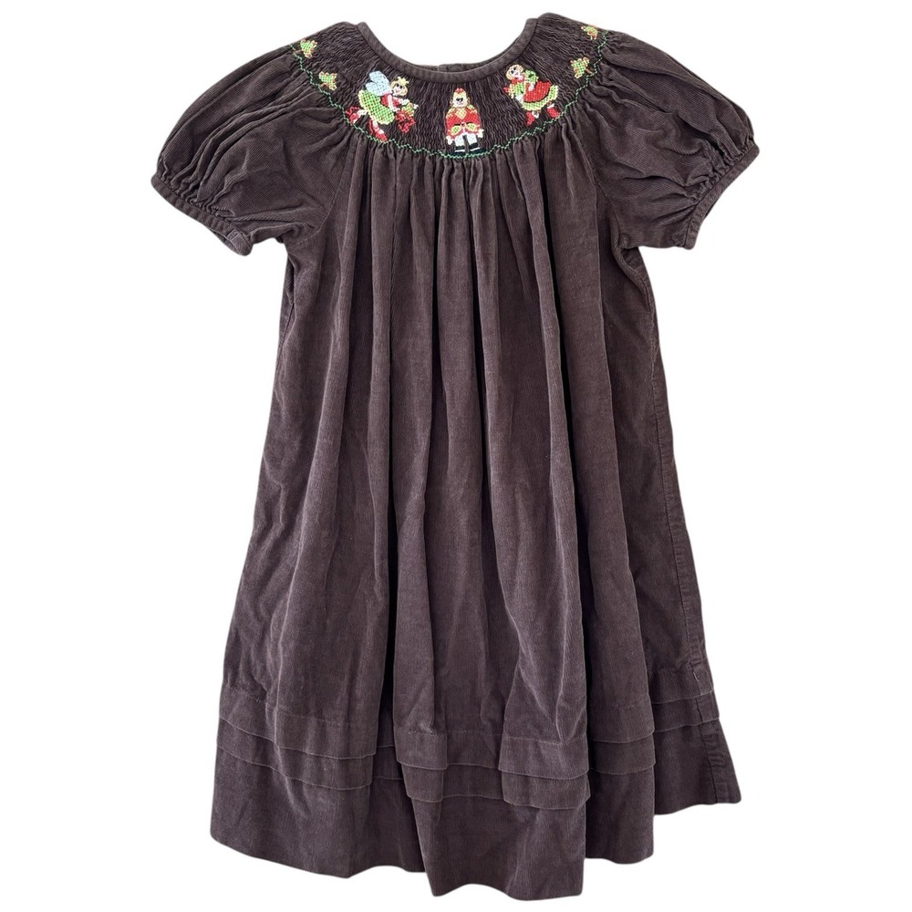 Vive La Fete Girls Smocked‎ Christmas Embroidered Corduroy Brown Dress 4T Party